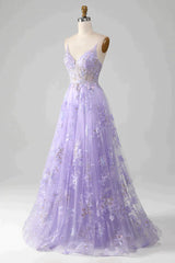 Romantic Purple A Line Spaghetti Straps Long Tulle Corset Prom Dress With Appliques Gowns, Prom Dress With Pockets