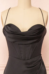 Black Corset Prom Dresses, Corset Cowl Neck Maxi Dress, Black Corset Bridesmaid Dress outfit, Prom Dress Guide