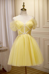 Cute Yellow Spaghetti Straps Off The Shoulder Tulle Short Corset Homecoming Dresses outfit, Bridesmaids Dresses Ideas