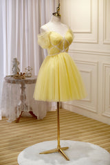 Cute Yellow Spaghetti Straps Off The Shoulder Tulle Short Corset Homecoming Dresses outfit, Bridesmaids Dresses Idea