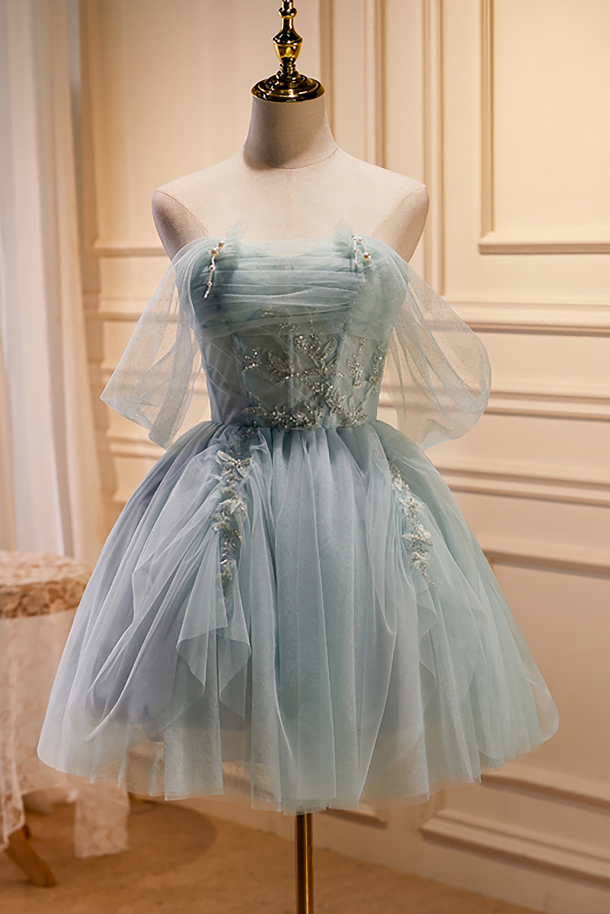 Charming Blue Off The Shoulder A Line Tulle Short Corset Homecoming Dresses outfit, Bridesmaids Dresses Blush