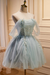 Charming Blue Off The Shoulder A Line Tulle Short Corset Homecoming Dresses outfit, Bridesmaid Dress Blush