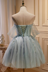 Charming Blue Off The Shoulder A Line Tulle Short Corset Homecoming Dresses outfit, Bridesmaids Dresses Champagne