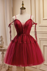 Burgundy Spaghetti Straps V Neck A Line Tulle Short Corset Homecoming Dresses outfit, Bridesmaids Dress Red
