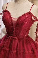 Burgundy Spaghetti Straps V Neck A Line Tulle Short Corset Homecoming Dresses outfit, Wedding