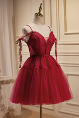 Burgundy Spaghetti Straps V Neck A Line Tulle Short Corset Homecoming Dresses outfit, Bridesmaid Dress Red