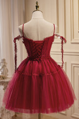 Burgundy Spaghetti Straps V Neck A Line Tulle Short Corset Homecoming Dresses outfit, Bridesmaids Dresses Red
