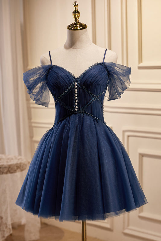 Dark Navy Spaghetti Straps V Neck Tulle Short Corset Homecoming Dresses outfit, Bridesmaid Dress Color