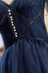 Dark Navy Spaghetti Straps V Neck Tulle Short Corset Homecoming Dresses outfit, Bridesmaide Dress Colors