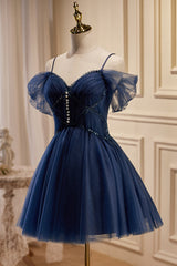 Dark Navy Spaghetti Straps V Neck Tulle Short Corset Homecoming Dresses outfit, Bridesmaids Dresses Colors