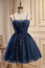 Dark Navy Spaghetti Straps Tulle Short Corset Homecoming Dresses outfit, Bridesmaid Dress Colorful