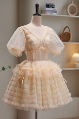 Champagne V Neck Short Sleeves Tulle Short Corset Homecoming Dresses outfit, Bridesmaid Dresses Uk