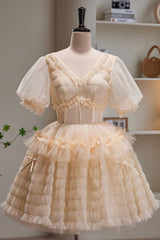 Champagne V Neck Short Sleeves Tulle Short Corset Homecoming Dresses outfit, Bridesmaids Dresses Uk