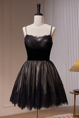 Black Spaghetti Straps Lace Tulle Short Corset Homecoming Dresses outfit, Bridesmaids Dress Black