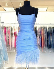 Light Blue Spaghetti Straps Tight Corset Homecoming Dress With Feather outfit, Evening Dress Gold