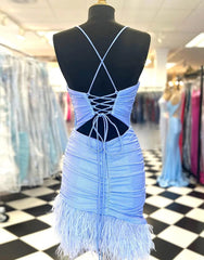 Light Blue Spaghetti Straps Tight Corset Homecoming Dress With Feather outfit, Evening Dresses Suits