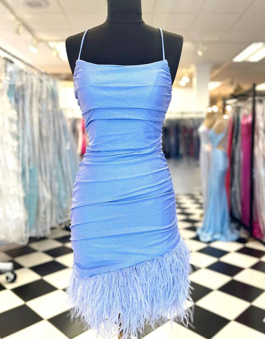 Light Blue Spaghetti Straps Tight Corset Homecoming Dress With Feather outfit, Evening Dress Suit
