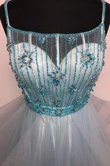 Light Green Spaghetti Straps Tulle Corset Prom Dress with Beading Crystal outfit, Party Dress Brown