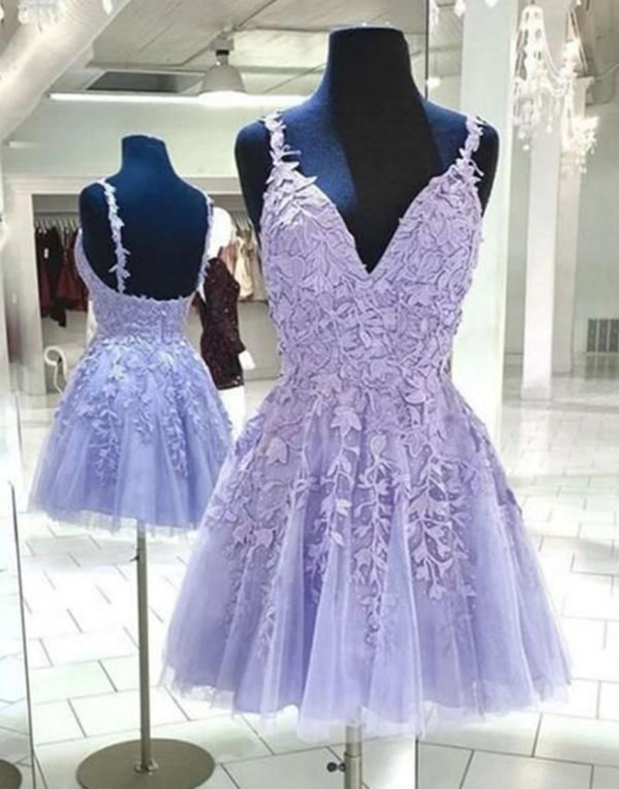 Lilac A-Line Spaghetti Straps Corset Homecoming Dress With Appliques Gowns, Homecoming Dress Elegant