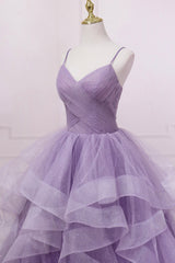 Purple Tulle Long Corset Prom Dress, A-Line Spaghetti Strap Evening Gown outfits, Pretty Prom Dress