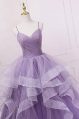 Purple Tulle Long Corset Prom Dress, A-Line Spaghetti Strap Evening Gown outfits, Fall Wedding Ideas