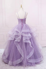 Purple Tulle Long Corset Prom Dress, A-Line Spaghetti Strap Evening Gown outfits, Wedding Inspiration