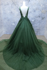 Dark Green V Neckline Lace Applique Low Back Corset Formal Dress, Green Tulle Corset Prom Dress outfits, Debutant Dress