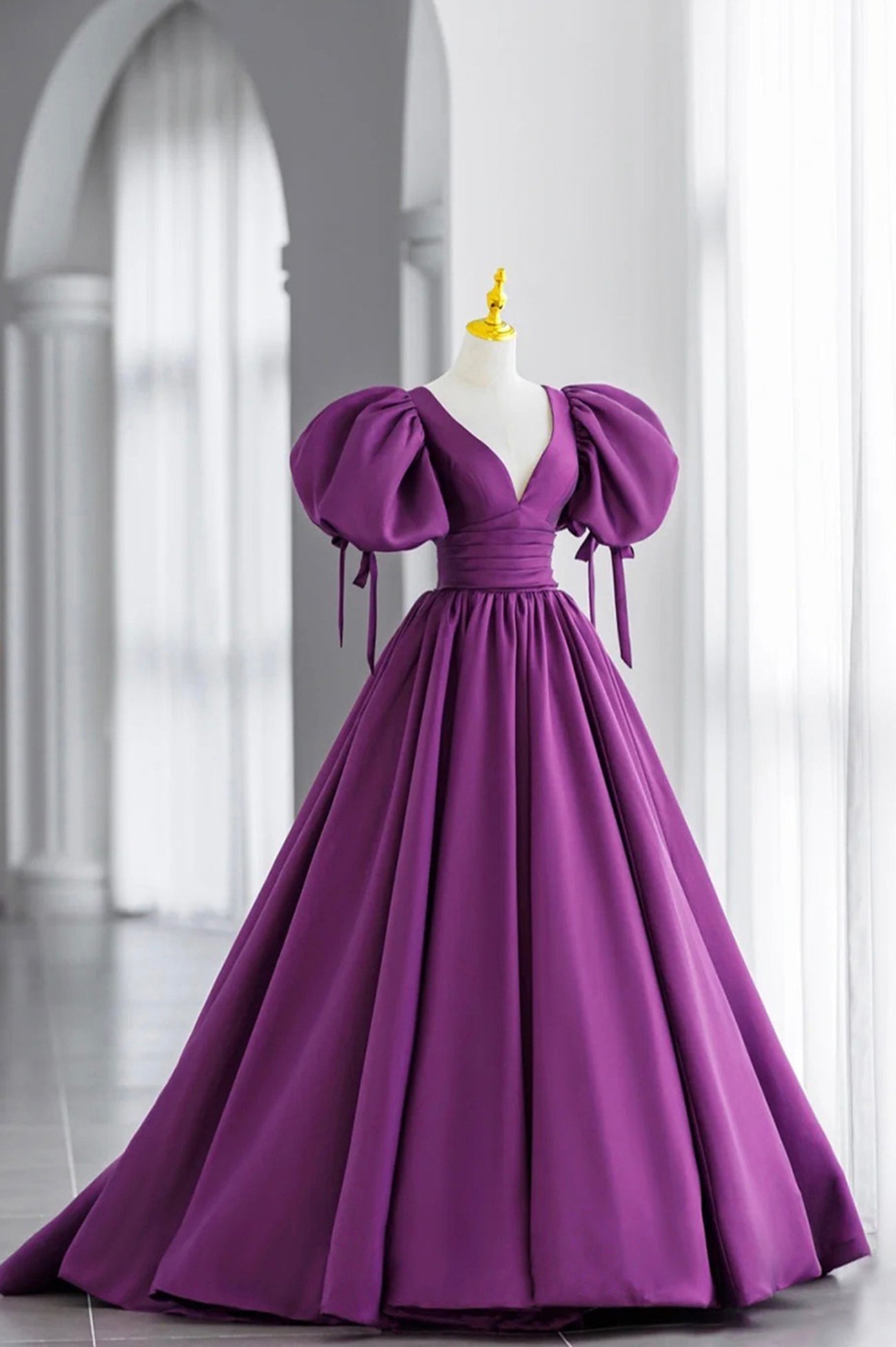 Purple Puff Sleeves Satin Long Corset Prom Dress, V-Neck Evening Dress outfit, Bridesmaid Dress Floral