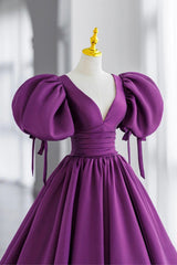 Purple Puff Sleeves Satin Long Corset Prom Dress, V-Neck Evening Dress outfit, Bridesmaids Dresses Floral