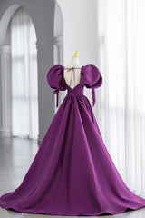 Purple Puff Sleeves Satin Long Corset Prom Dress, V-Neck Evening Dress outfit, Bridesmaid Dressese Lavender