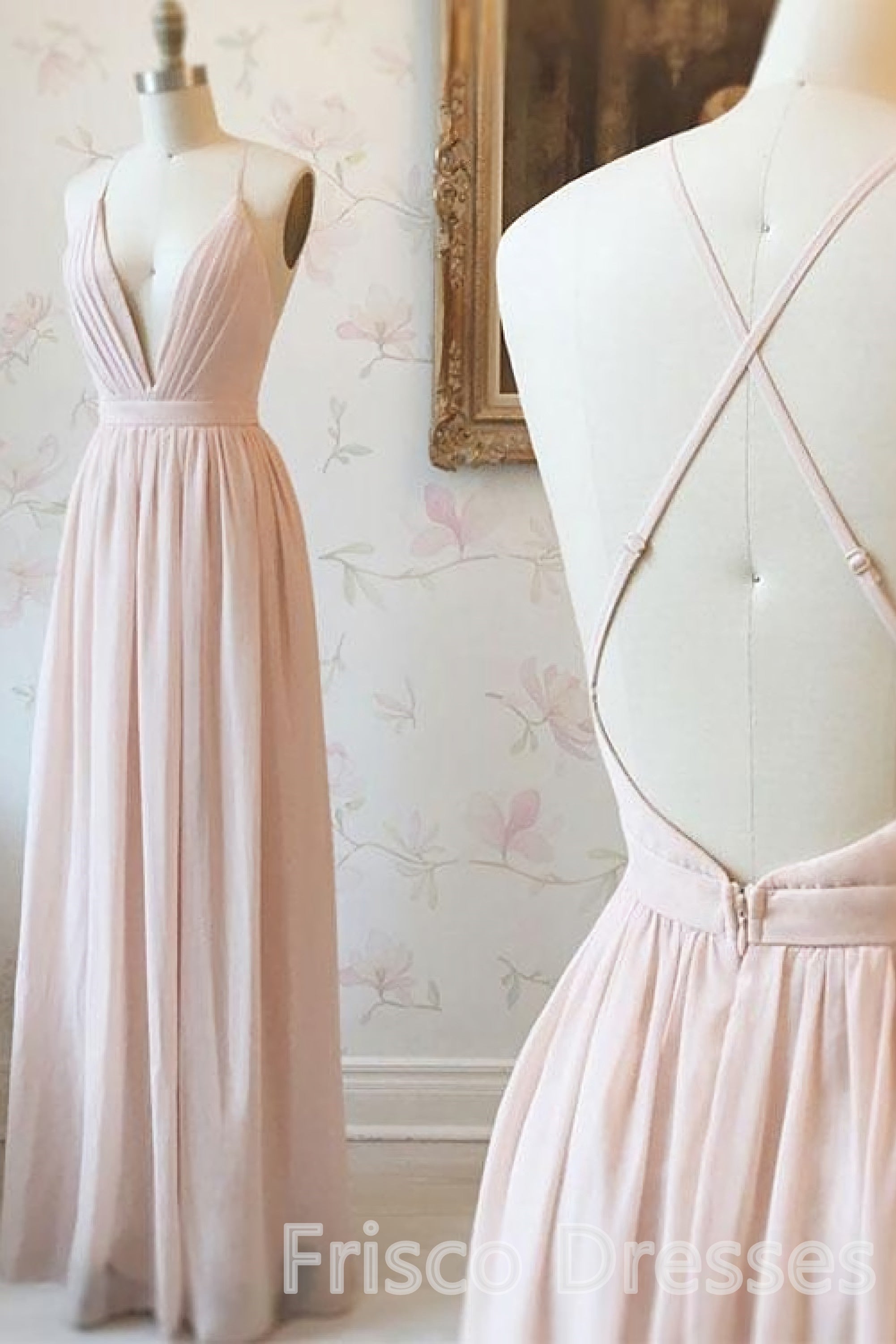 Simple V-neck Zipper Back Floor Length Pink Chiffon Long Elegant Corset Bridesmaid Dresses outfit, Party Dress Dresses