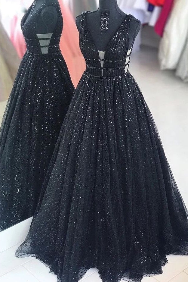 Black Sparkly V-neck For Mal Corset Prom Dresses Pretty Princess Dresses For Teens Gowns, Bridesmaids Dresses Black