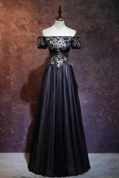 Beauty Off The Shoulder Floor Length Lace Up Long Black Corset Prom Dresses With Appliques Gowns, Bridesmaid Dresses Floral