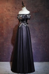 Beauty Off The Shoulder Floor Length Lace Up Long Black Corset Prom Dresses With Appliques Gowns, Winter Wedding