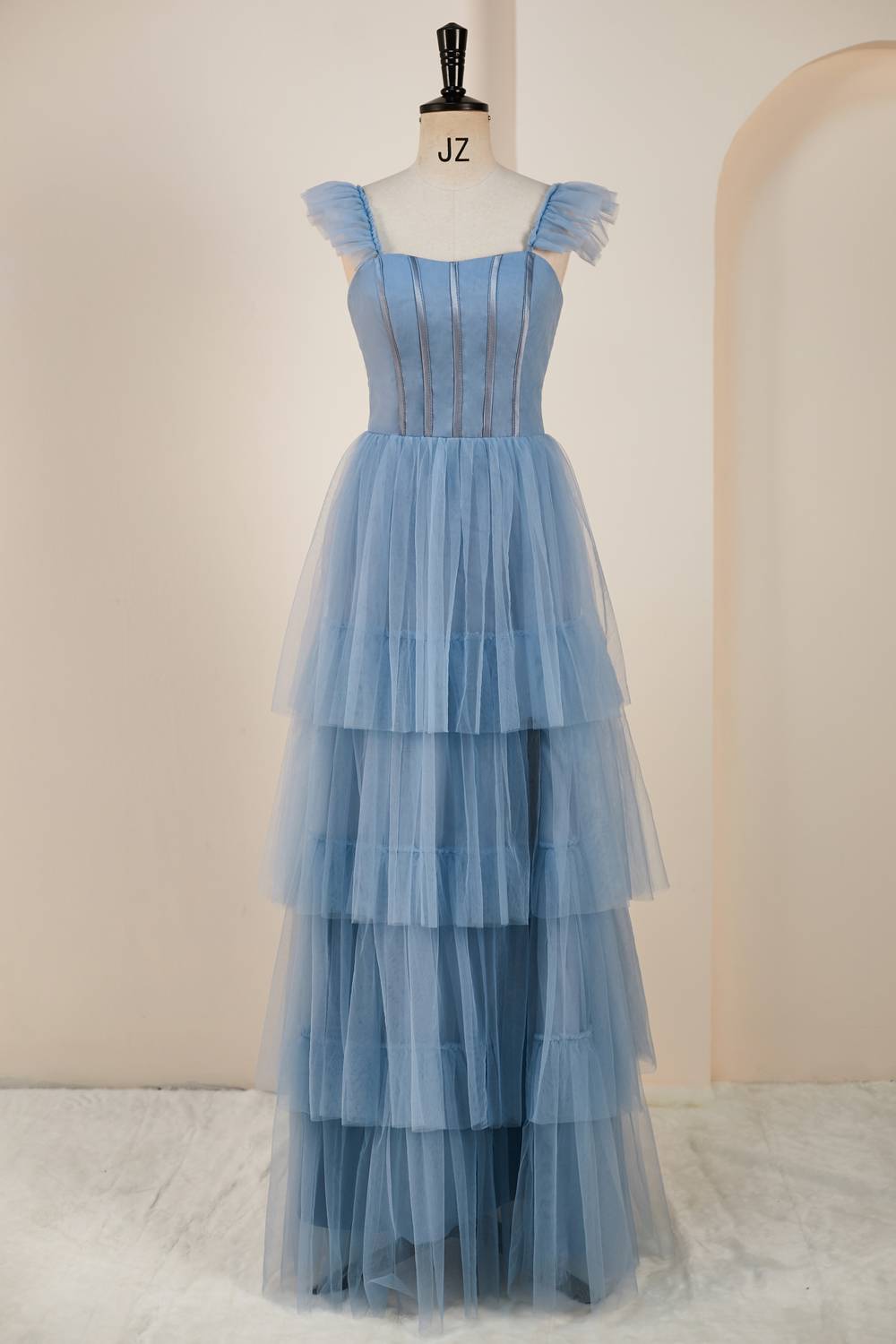 Dusty Blue Flutter Sleeves A-line Multi-Layers Long Corset Prom Dress with Slit Gowns, Party Dresses 2041