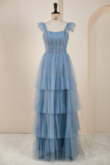 Dusty Blue Flutter Sleeves A-line Multi-Layers Long Corset Prom Dress with Slit Gowns, Party Dresses 2041