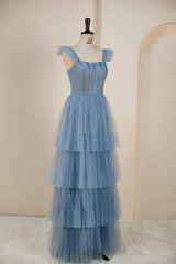 Dusty Blue Flutter Sleeves A-line Multi-Layers Long Corset Prom Dress with Slit Gowns, Party Dresses 2039