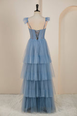 Dusty Blue Flutter Sleeves A-line Multi-Layers Long Corset Prom Dress with Slit Gowns, Party Dress Quick