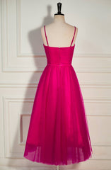 Fuchsia Straps A-line Tulle Tea-Length Corset Prom Dress outfits, Formal Dress On Sale