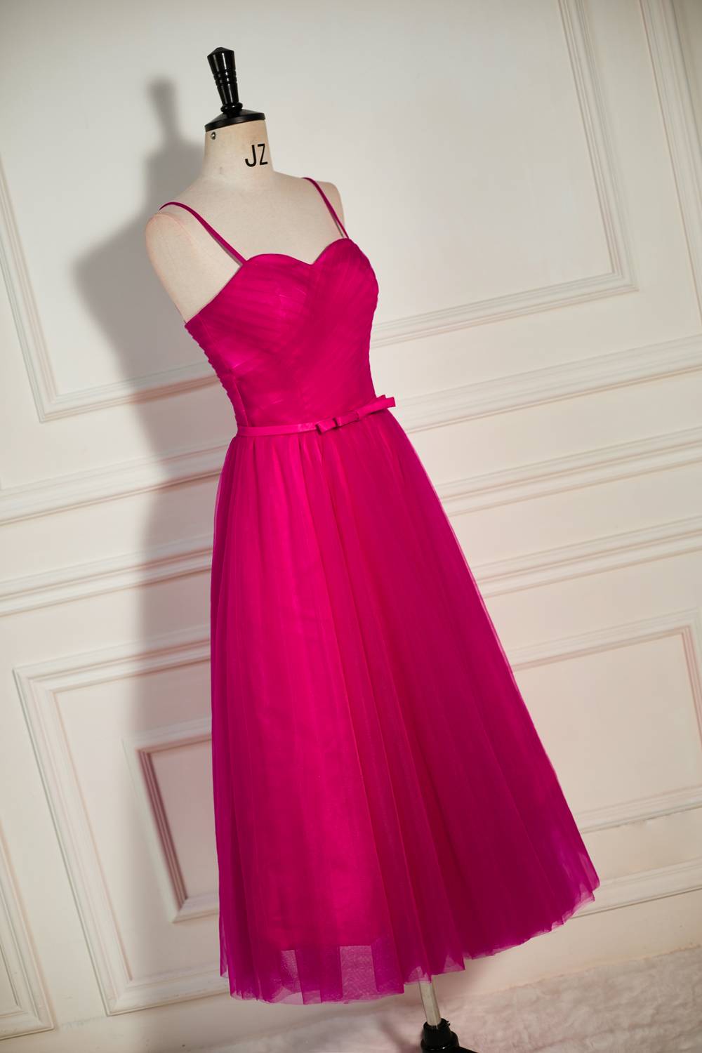 Fuchsia Straps A-line Tulle Tea-Length Corset Prom Dress outfits, Formal Dresses On Sale