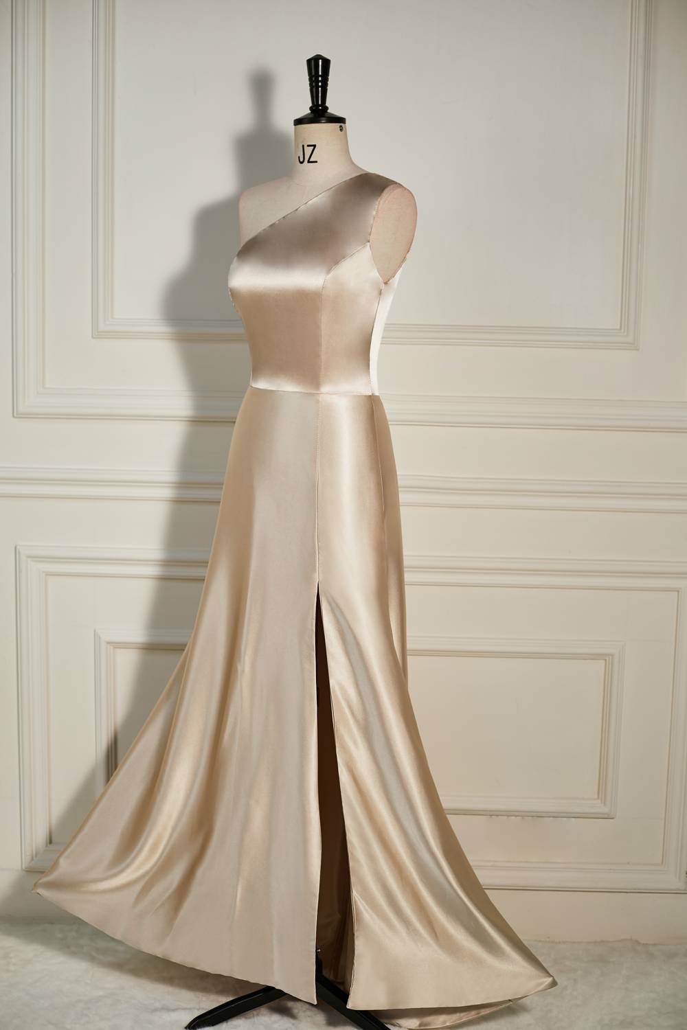 Champagne One Shoulder A-line Satin Long Dress with Slit Gowns, Bridal Bouquet