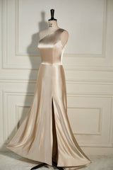 Champagne One Shoulder A-line Satin Long Dress with Slit Gowns, Bridal Bouquet