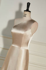 Champagne One Shoulder A-line Satin Long Dress with Slit Gowns, Bridesmaid Dress Yellow