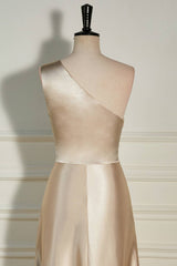 Champagne One Shoulder A-line Satin Long Dress with Slit Gowns, Bridesmaids Dresses Yellow