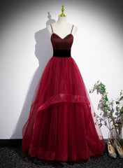 Wine Red Straps Beaded Sweetheart Tulle Corset Formal Dress, Wine Red A-Line Corset Prom Dress outfits, Aesthetic Dress