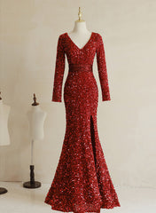 Wine Red Long Sleeves Mermaid Long Corset Formal Dress, Wine Red Corset Prom Dress outfits, Formal Dresses Prom