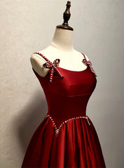 Wine Red Satin Straps Round Neckline Party Dress, Wine Red Long Corset Prom Dress outfits, Homemade Ranch Dress