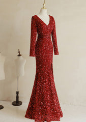 Wine Red Long Sleeves Mermaid Long Corset Formal Dress, Wine Red Corset Prom Dress outfits, Formal Dresses Vintage