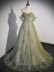 A Line Green Tulle Long Corset Prom Dress with Beading outfit, Party Dress Spring