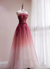 Beautiful Tulle Gradient with Beaded Long Party Dress, A-line Gradient Corset Prom Dress outfits, Prom Dresses Long With Sleeves